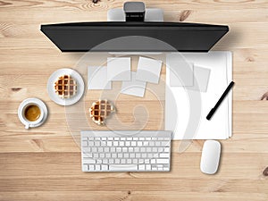 Top view of office desk with document papers.