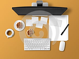 Top view of office desk with document papers.