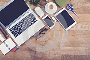 Top view office desk mockup