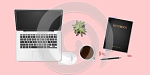 Top view of office desk work space with notebook.Workplace with notepad, coffee and flower.Business Vector illustration.