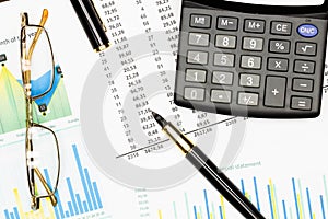 Top view office table desk. Financial report. Flat lay. Workspace with Business office supplies, Accounts number on the data paper