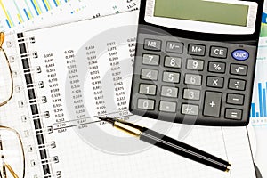 Top view office table desk. Financial report. Flat lay. Workspace with Business office supplies, Accounts number on the data paper