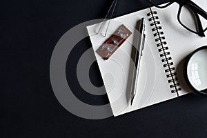 Top view office table, Side space for work with book, pencil, microchips and glasses is elements.