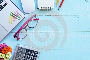 Top view office table with workspace and office accessories