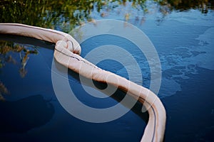 Top view of oil absorbent netted boom on the surface of Isar river in Bavaria, Germany