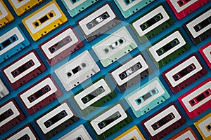 Top view of old cassette tapes in various colors, 3d