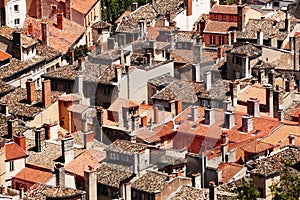 Top view of old city rooftops, Lyon, France