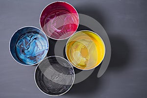 Top view of old CMYK paint cans on dark background. Colorful background.