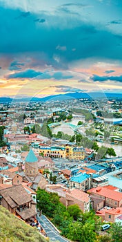 Top View Old Colorful Town, Kura Mtkvari River Summer Tbilisi,