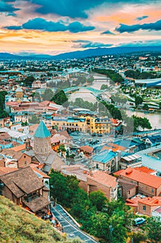 Top View Old Colorful Town, Kura Mtkvari River Summer Tbilisi, Georgia