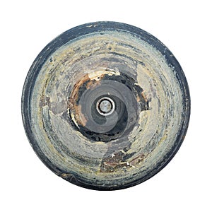Top view of an old disc sander with adhesive residue on a white background