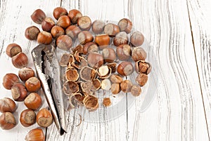 Top view of an old nutcracker and hazelnuts