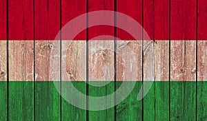 Top view of Old Painted Flag of Hungary on Dark Wooden Fence, wall. patriot and travel concept. no flagpole. Flag background.