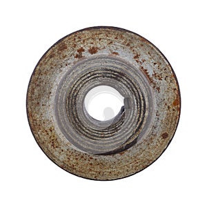 Top view of an old pulley wheel with the key slot on a white background