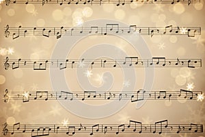 Top view of old sheet with Christmas music notes as background, snowflakes and bokeh effect