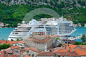 Top view of Old Town and cruise ship, Kotor, Montenegro