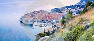 Top view of the Old Town of Dubrovnik, in beautiful evening light at sunset