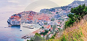 Top view of the Old Town of Dubrovnik, in beautiful evening light at sunset