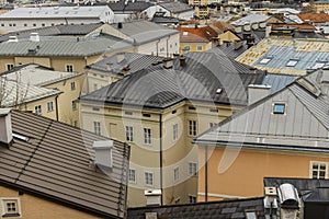 Top view old town historical street district houses roofs urban landmark photography in European city Salzburg