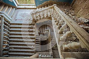 Top view of old vintage decorated staircase in abandoned mansion