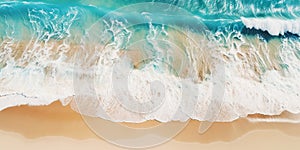 Top view oncoast with ocean waves. Blue water background. Summer seascape from air. Generative AI