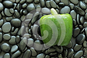 Top view one green bell pepper on black stone that has smooth glossy skin and round edge.