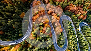 Top view of one mountain road in beautiful autumn forest..Details of asphalt roads and modern infrastructure