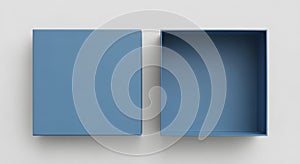 Top view of an open blue box and its lid on a white background