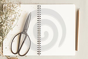 Top view of open book with pencil,flat lay image of workplace wi