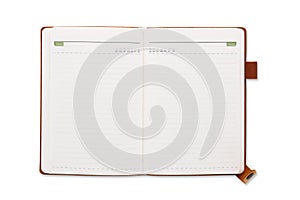 Top view open brown leather notebook or diary isolated and white background with clipping path