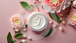 Top view open cosmetic cream jar container, white flowers and green leaves on pink background