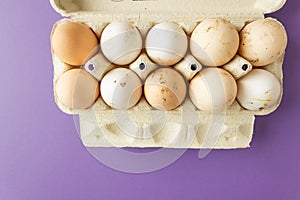 Top view of open egg box with ten brown and white eggs isolated on very peri background. Fresh organic chicken eggs.