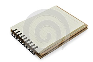 top view of open notebook with blank page, lined paper texture background