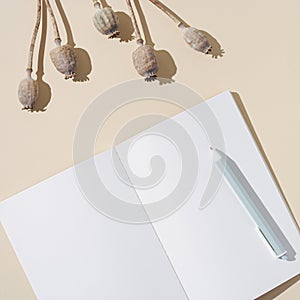 Top view of open notebook with blank pages and dry plat poppy on table, autumn concept. Creative workspace