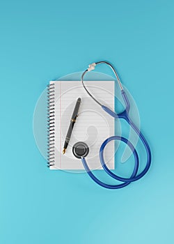 Top view of a open notebook with pen and Medical stethoscope on a blue background with copy space. 3D render illustrations