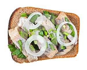 Top view of open sandwich salted herring and onion