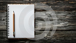 Top view of open spiral blank white paper notebook with pencil on wooden table desk background.