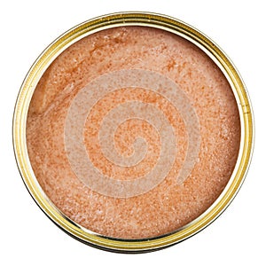 Top view of open tin with caviar of saffron cod