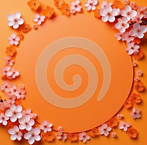 Top view orange background with happy cherry blossom arrangement on blank paper with light background
