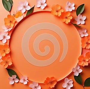 Top view orange background with happy cherry blossom arrangement on blank paper with light background