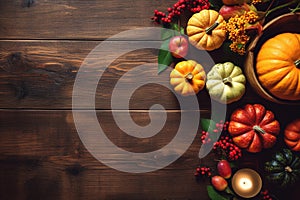 Top view of orange and blue mini pumpkins, vibrant yellow leaves on a textured dark wooden backdrop. Fall background with