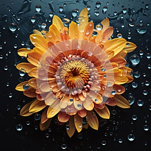 Top view of orange flower with raindrops, dew, water. Flowering flowers, a symbol of spring, new life