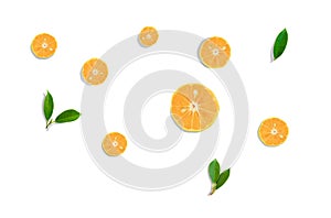 Top view Orange fruit slice and green leaf isolated on white background