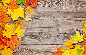 Top view orange and yellow autumn leaf on wood background