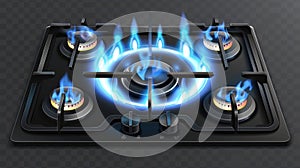 The top view of an oven for cooking with a propane butane burner has a blue flame with a black steel grate. Modern