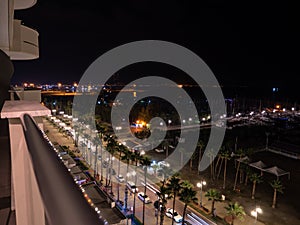 Top view over evening Finnikoudes promenade with palms and port in Larnaca, Cyprus