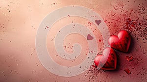 Top view over two large red hearts and a tiny one. Dark background decorated with paint.Valentine\'s Day banner with space fo