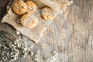 Top view and overhead shot of cookies on old wooden background,Homemade cookies on sackcloth