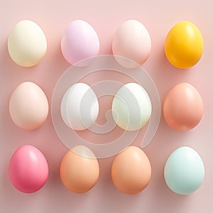 Top view of painted easter eggs on pink background
