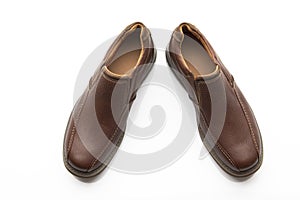 Top View of Pair of Brown Shoes Isolated on White Background